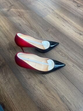 NWT Christian Louboutin Red and Black Patent Kate 100 Pointed-Toe Stilleto Pumps